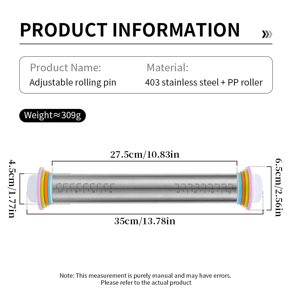 13.78" Stainless Steel Adjustable Rolling Pin with Removable Thickness Rings – Precision Dough Roller for Pizza, Cookies & Baking