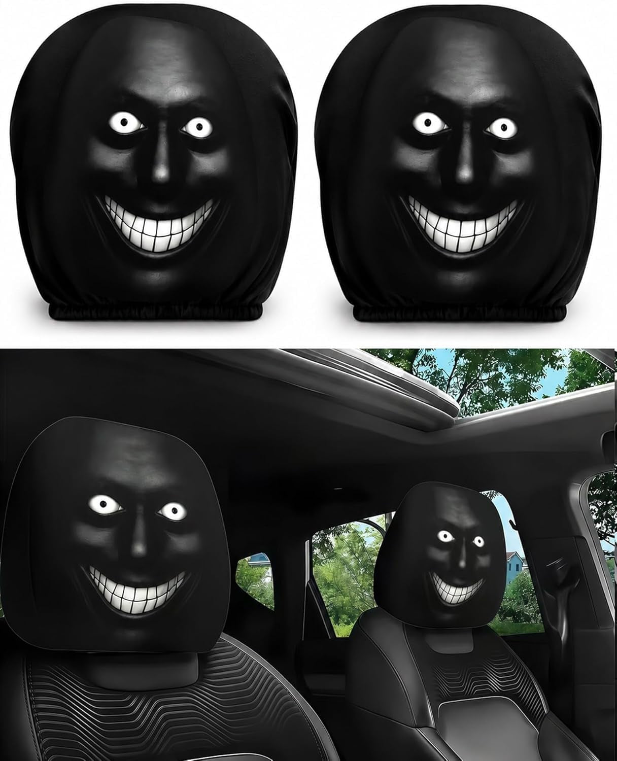 2PCS Ghost Face Headrest Covers – Universal Stretch Car Seat Headrest Protectors with Scary Face Print