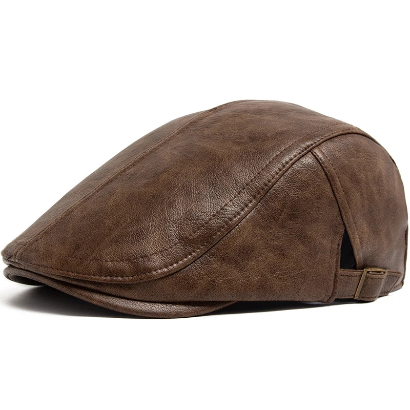 Vintage PU Leather Newsboy Beret Cap – Warm Autumn & Winter Unisex Visor Hat for Men & Women