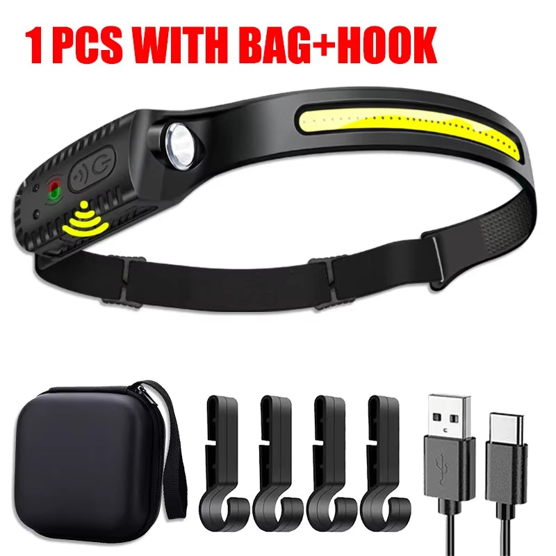 USB Rechargeable LED Headlamp – Motion Sensor XPE + COB Head Torch for Camping, Fishing, Hiking & Outdoor Work