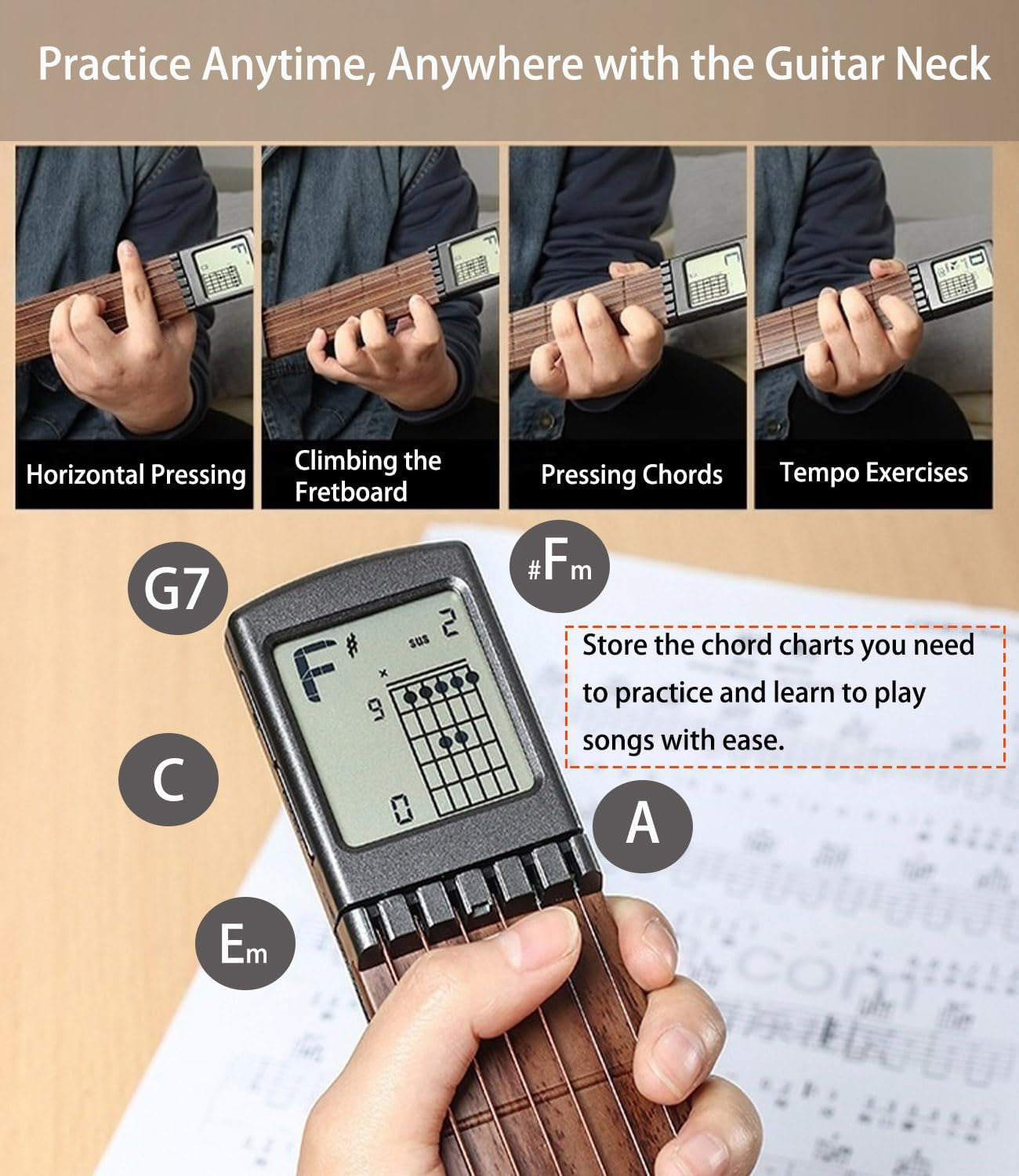 Pocket Guitar Chord Trainer – Portable Guitar Practice Tool with Rotating Chord Chart for Beginners & Travel