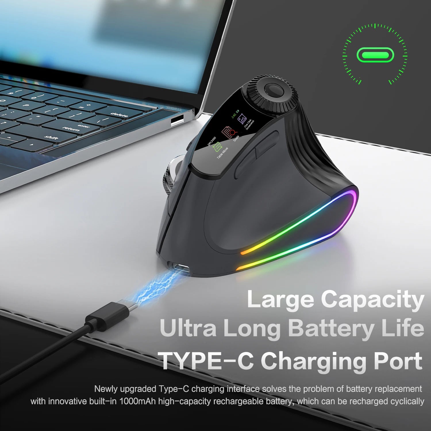 RGB Wireless Ergonomic Vertical Mouse – Bluetooth & USB Rechargeable Silent Click Mouse with RGB Backlit & Scroll Wheel