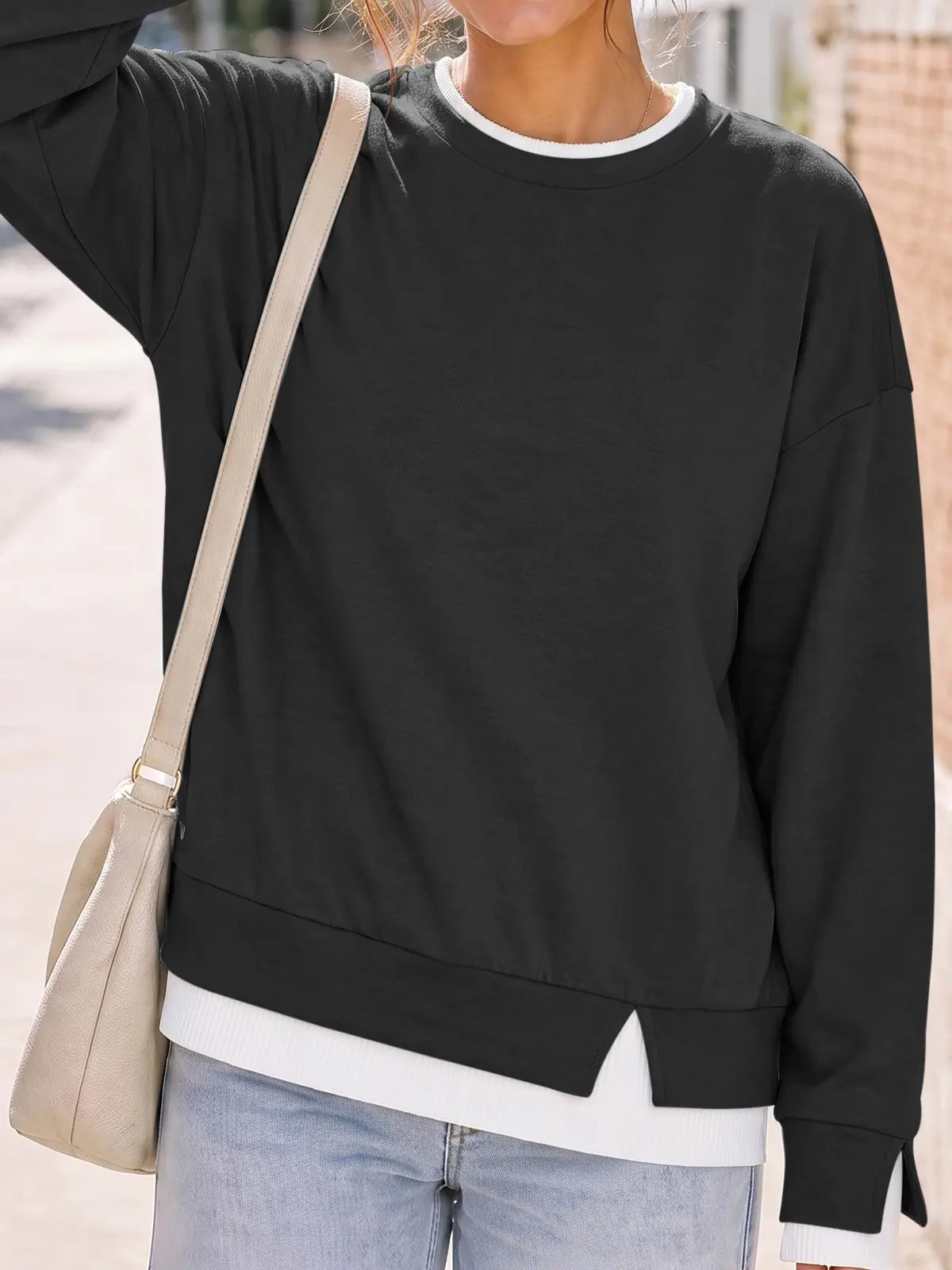 Women's Layered Oversized Sweatshirt – Faux Two-Piece Crew Neck Long Sleeve Pullover with Ribbed Cuffs & Drop Shoulder