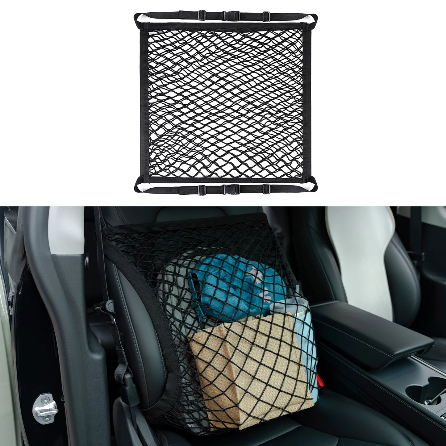Car Seat Storage Net Organizer – Double Layer Elastic Mesh Handbag Holder with Adjustable Straps for Front Seats