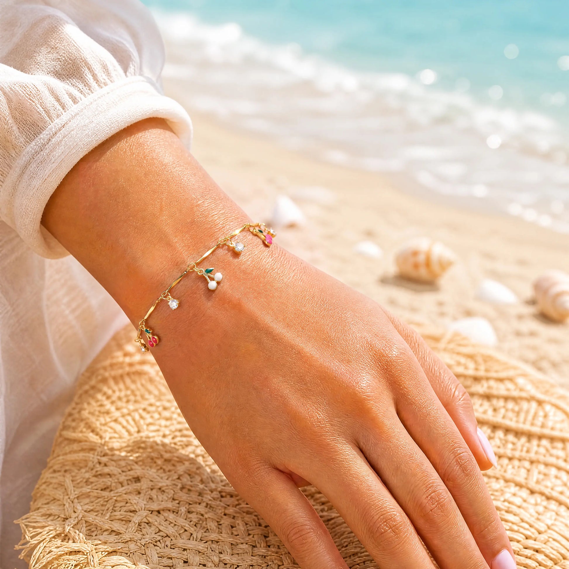 FLORIDECO Y2K Colorful Cherry Anklet – Adjustable Gold Beach Anklet for Women, Summer Fashion Jewelry