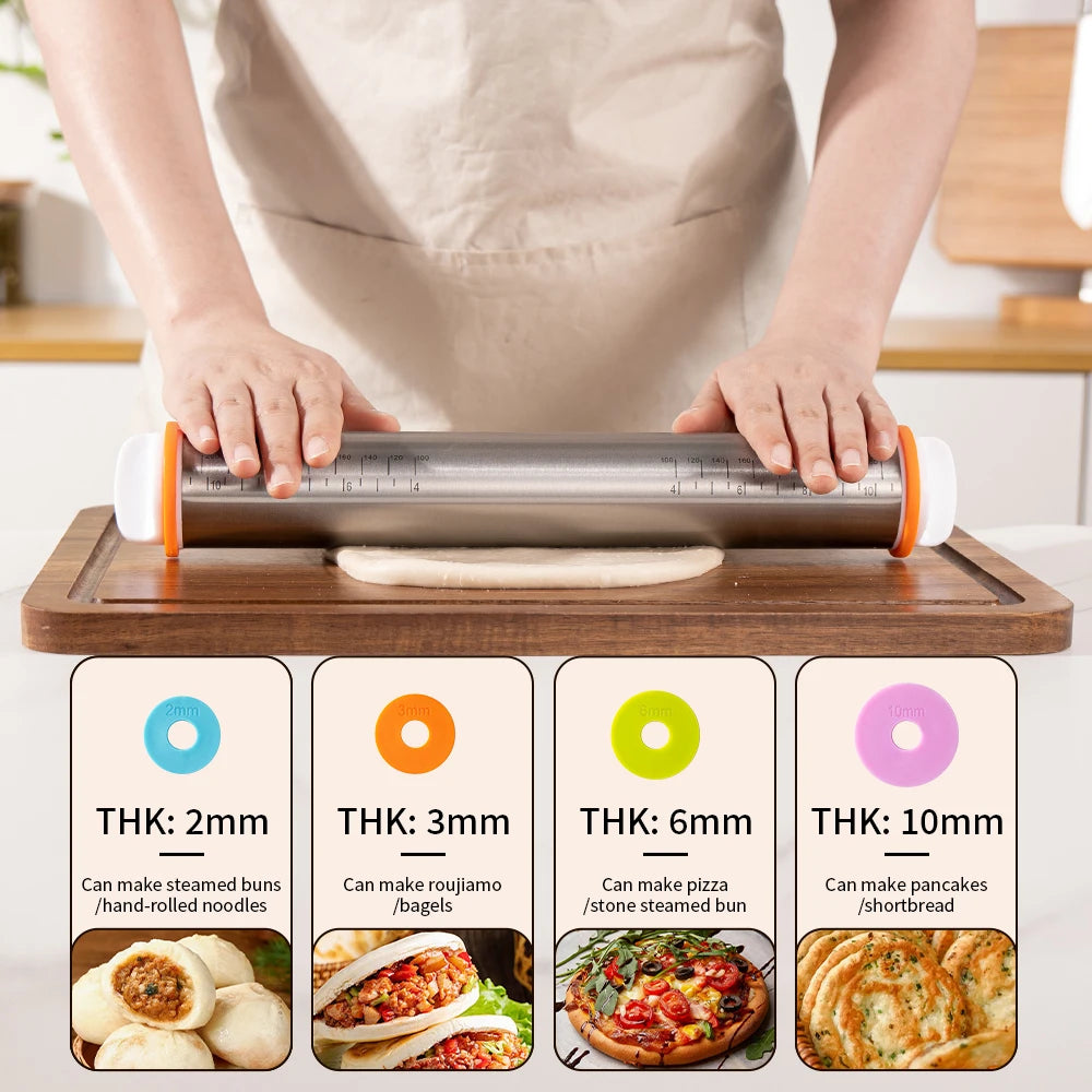 13.78" Stainless Steel Adjustable Rolling Pin with Removable Thickness Rings – Precision Dough Roller for Pizza, Cookies & Baking