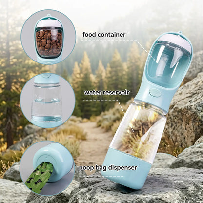 3-in-1 Portable Dog Water Bottle – Leak-Proof Travel Water & Food Container with Built-In Poop Bag Dispenser with 2 Rolls Waste Bags (30 Pcs Total)