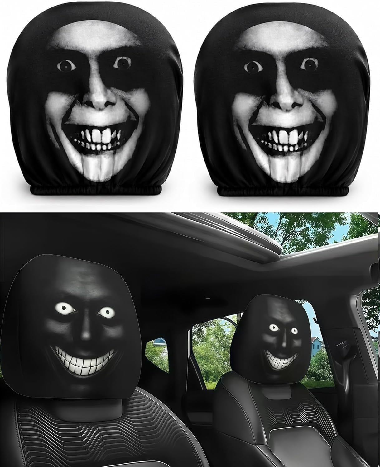 2PCS Ghost Face Headrest Covers – Universal Stretch Car Seat Headrest Protectors with Scary Face Print