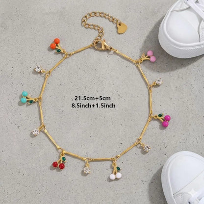 FLORIDECO Y2K Colorful Cherry Anklet – Adjustable Gold Beach Anklet for Women, Summer Fashion Jewelry