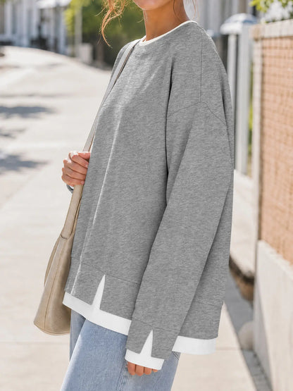 Women's Layered Oversized Sweatshirt – Faux Two-Piece Crew Neck Long Sleeve Pullover with Ribbed Cuffs & Drop Shoulder