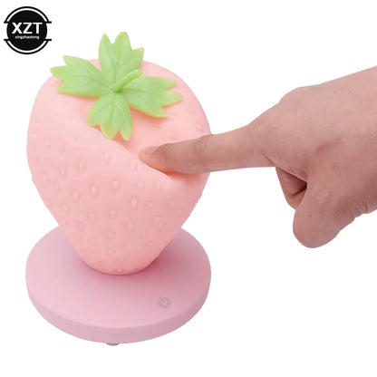 Cute LED Strawberry Night Light – USB Rechargeable Silicone Touch-Control Dimmable Bedside Lamp for Bedroom & Nursery