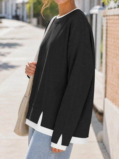 Women's Layered Oversized Sweatshirt – Faux Two-Piece Crew Neck Long Sleeve Pullover with Ribbed Cuffs & Drop Shoulder