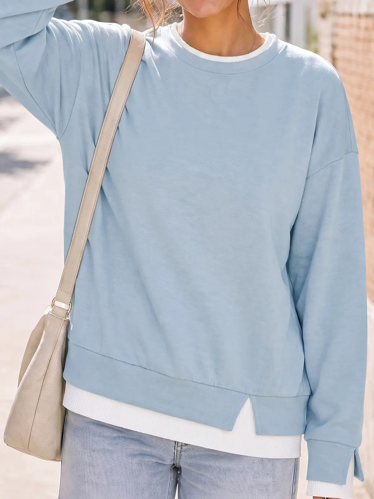 Women's Layered Oversized Sweatshirt – Faux Two-Piece Crew Neck Long Sleeve Pullover with Ribbed Cuffs & Drop Shoulder