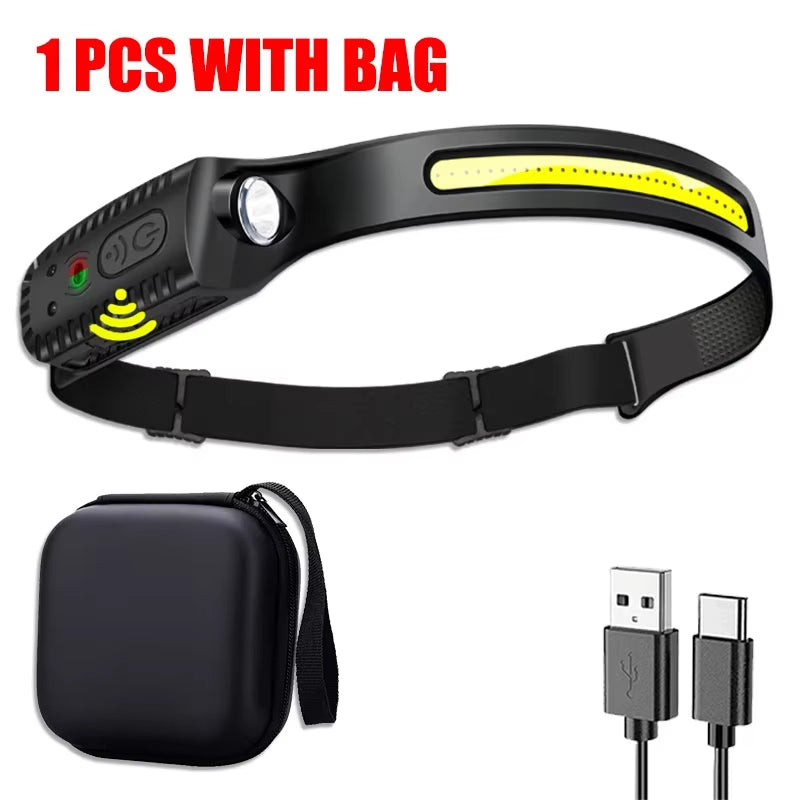 USB Rechargeable LED Headlamp – Motion Sensor XPE + COB Head Torch for Camping, Fishing, Hiking & Outdoor Work