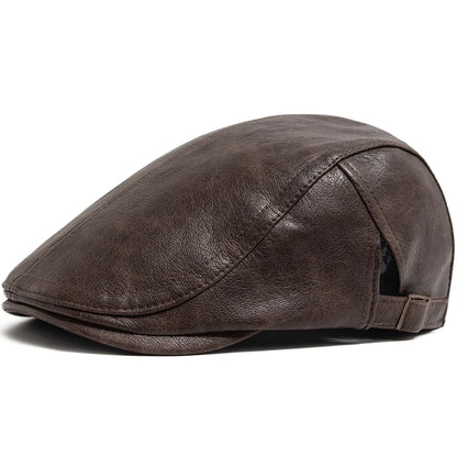 Vintage PU Leather Newsboy Beret Cap – Warm Autumn & Winter Unisex Visor Hat for Men & Women