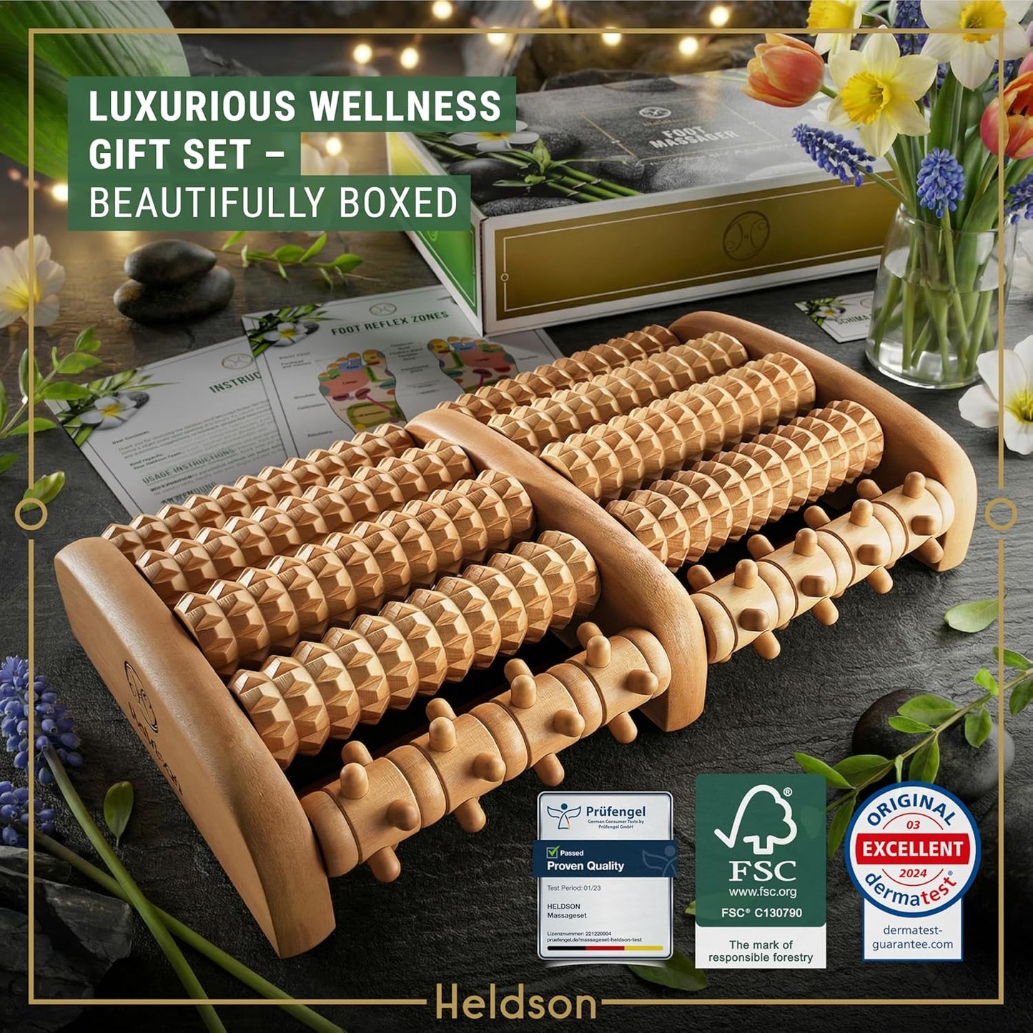 Premium Wooden Foot Massager Roller – Relieve Plantar Fasciitis, Heel Pain & Foot Fatigue – Dual Reflexology Acupressure Massage Tool