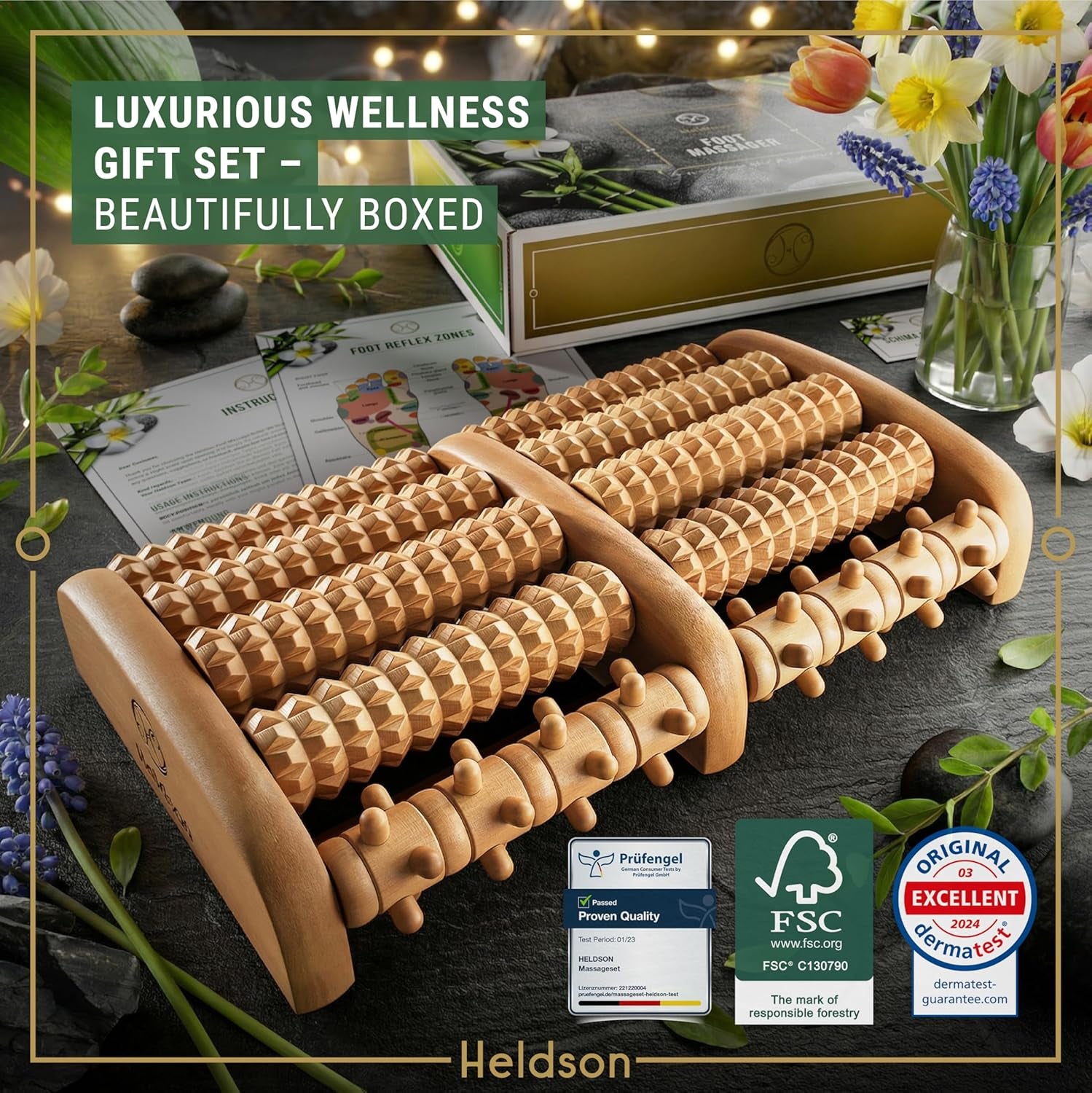 Premium Wooden Foot Massager Roller – Relieve Plantar Fasciitis, Heel Pain & Foot Fatigue – Dual Reflexology Acupressure Massage Tool
