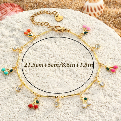 FLORIDECO Y2K Colorful Cherry Anklet – Adjustable Gold Beach Anklet for Women, Summer Fashion Jewelry