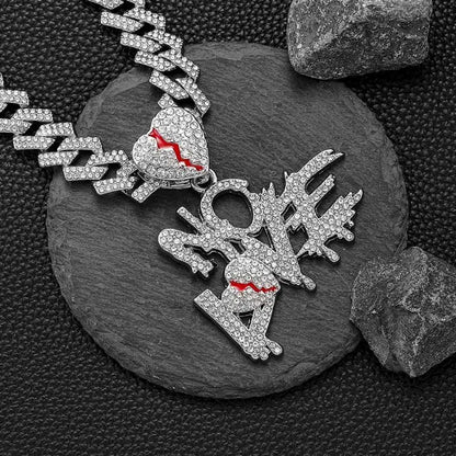 Gold Cuban Chain Necklace with Loveless Pendant – Hip Hop Statement Jewelry with Red Accents for Men & Women