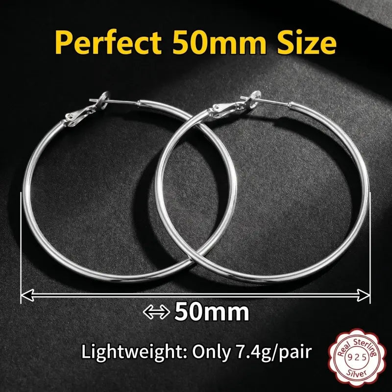 925 Sterling Silver Hoop Earrings – Lightweight Hypoallergenic 50mm Thin Hoops for Women