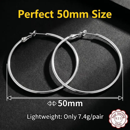 925 Sterling Silver Hoop Earrings – Lightweight Hypoallergenic 50mm Thin Hoops for Women