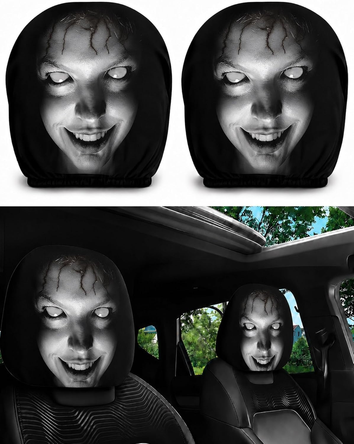 2PCS Ghost Face Headrest Covers – Universal Stretch Car Seat Headrest Protectors with Scary Face Print