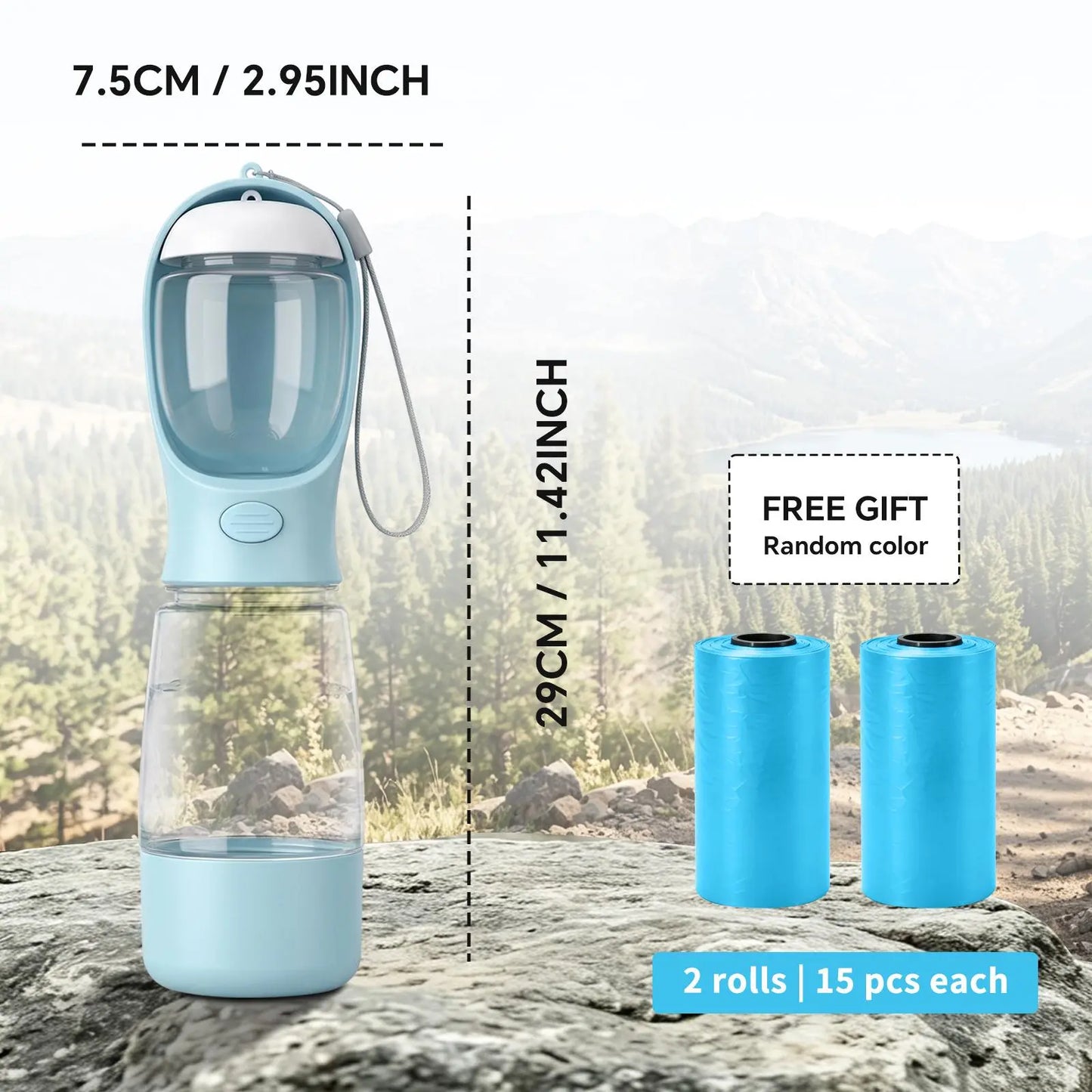 3-in-1 Portable Dog Water Bottle – Leak-Proof Travel Water & Food Container with Built-In Poop Bag Dispenser with 2 Rolls Waste Bags (30 Pcs Total)