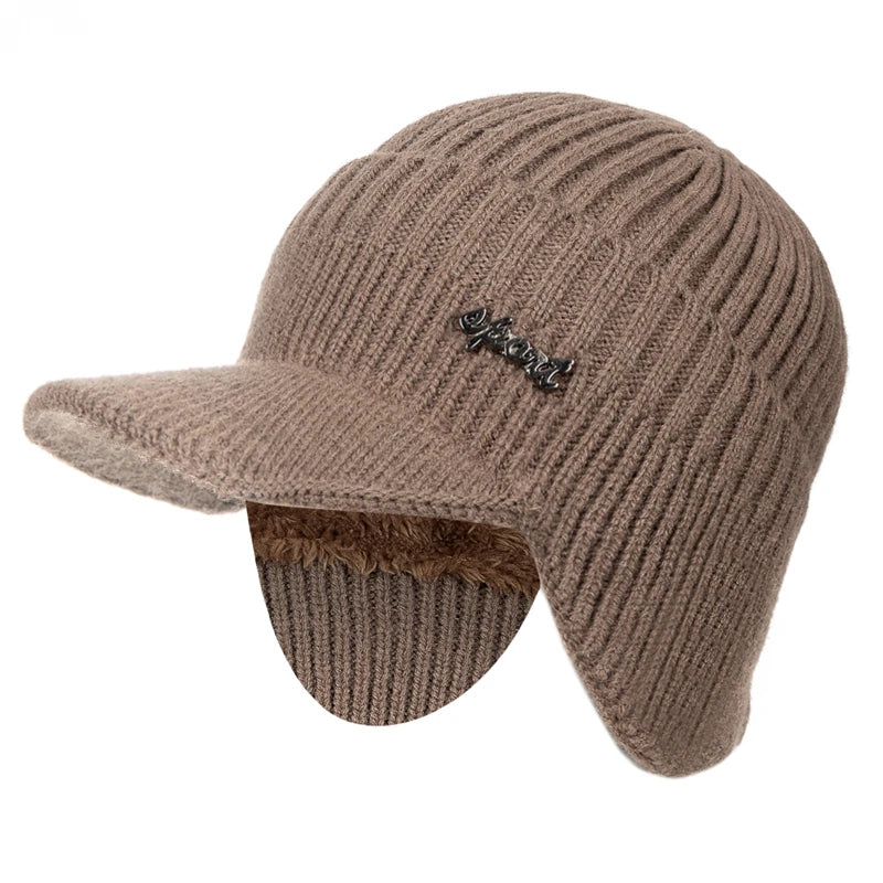 Unisex Fur-Lined Winter Beanie Hat with Brim – Warm Knit Cap with Ear Coverage for Men & Women