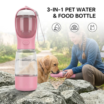 3-in-1 Portable Dog Water Bottle – Leak-Proof Travel Water & Food Container with Built-In Poop Bag Dispenser with 2 Rolls Waste Bags (30 Pcs Total)