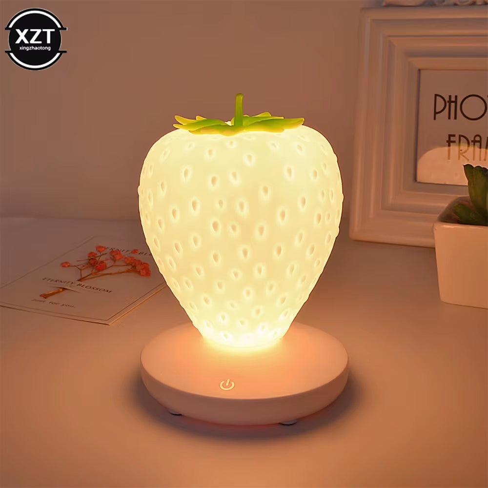 Cute LED Strawberry Night Light – USB Rechargeable Silicone Touch-Control Dimmable Bedside Lamp for Bedroom & Nursery