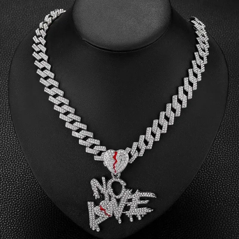 Gold Cuban Chain Necklace with Loveless Pendant – Hip Hop Statement Jewelry with Red Accents for Men & Women