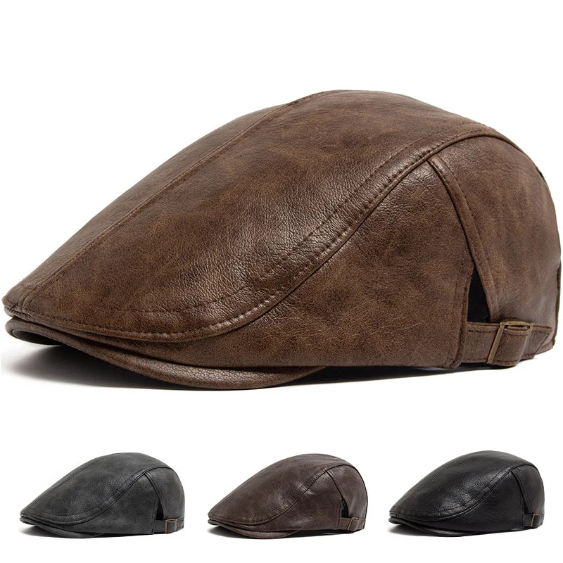 Vintage PU Leather Newsboy Beret Cap – Warm Autumn & Winter Unisex Visor Hat for Men & Women