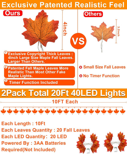 2 Pack 40 LED Fall Maple Leaf Garland Lights – 20FT Battery Operated Waterproof Autumn String Lights for Indoor & Outdoor Halloween & Thanksgiving Decor