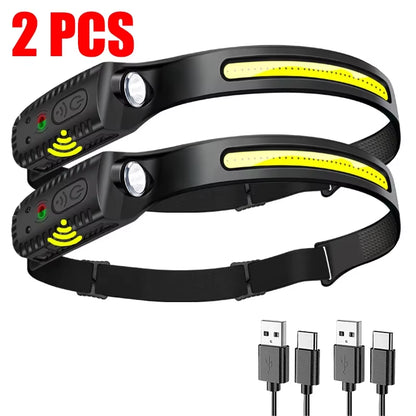 USB Rechargeable LED Headlamp – Motion Sensor XPE + COB Head Torch for Camping, Fishing, Hiking & Outdoor Work