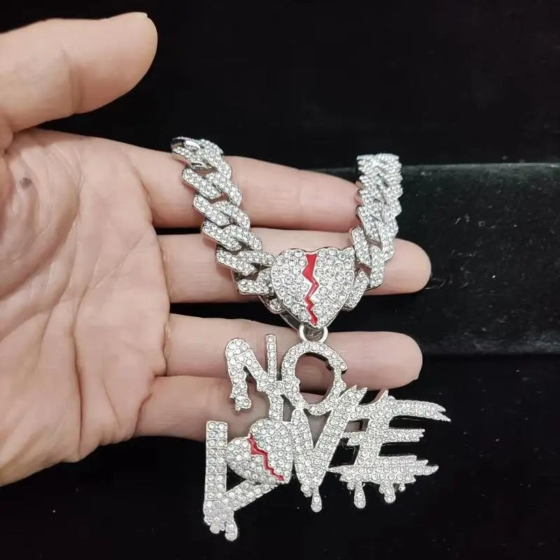 Gold Cuban Chain Necklace with Loveless Pendant – Hip Hop Statement Jewelry with Red Accents for Men & Women