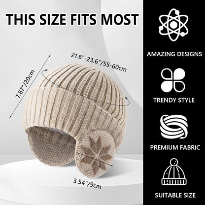 Winter Fleece-Lined Beanie Hat with Ear Flaps – Warm Windproof Knit Skull Cap for Men & Women