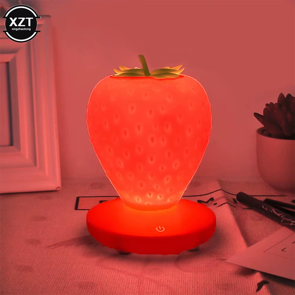 Cute LED Strawberry Night Light – USB Rechargeable Silicone Touch-Control Dimmable Bedside Lamp for Bedroom & Nursery