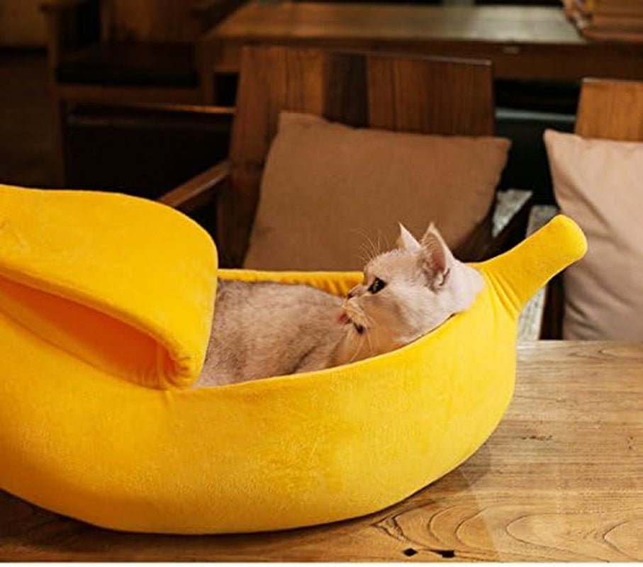 Large Banana Cat Bed House – Soft Plush Cozy Pet Cave for Cats, Kittens, Rabbits & Small Dogs | Warm Cuddle Sleeping Bed (Yellow)