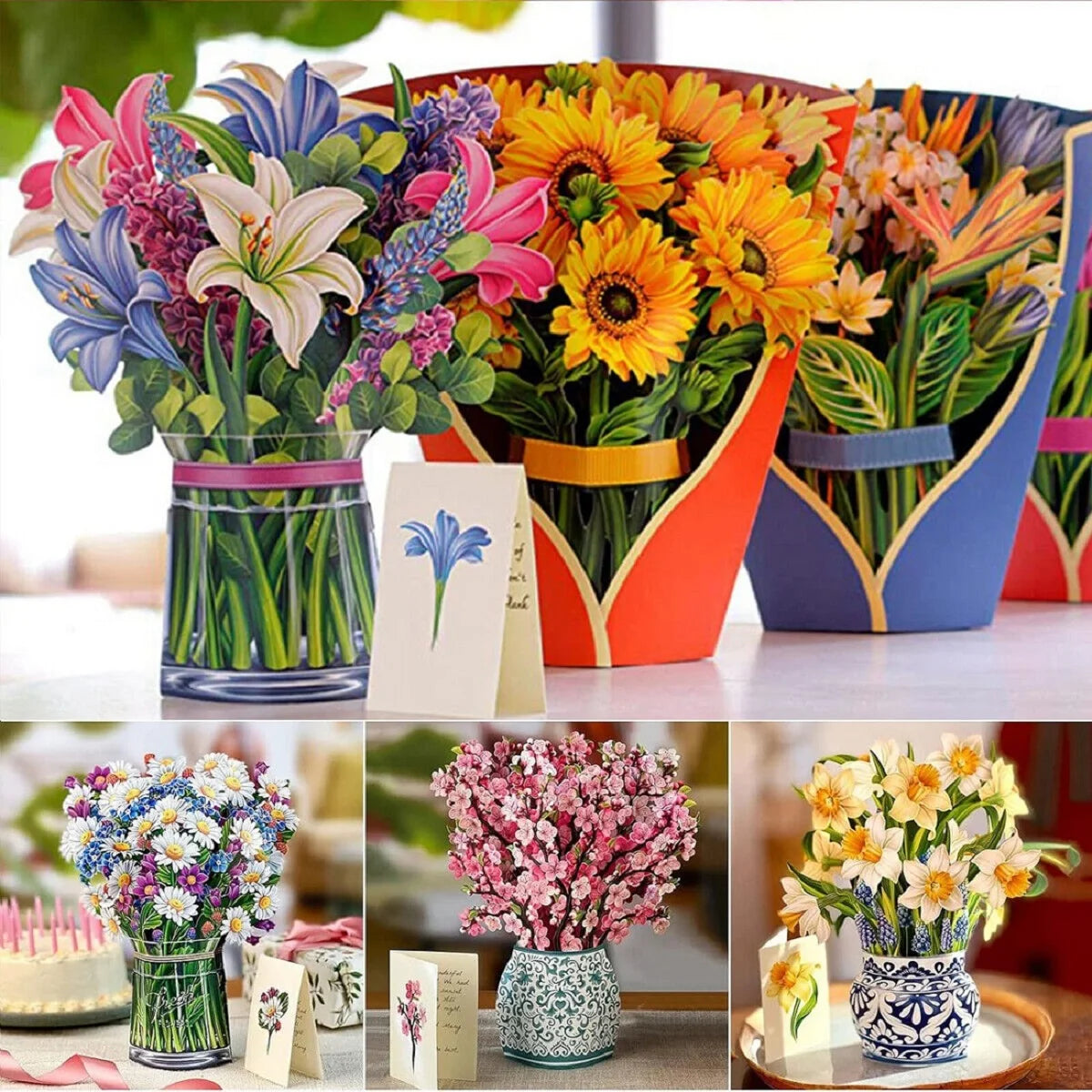 3D Pop-Up Flower Bouquet Greeting Card – Handmade Floral Card for Birthdays, Weddings, Mother's Day, Thank You & Special Occasions