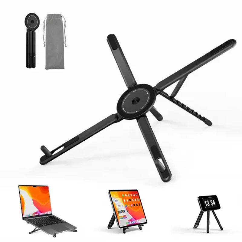 Viozon Foldable Aluminum Laptop Stand with Magnetic Phone Holder – Adjustable Portable Computer Riser for 10–16" Laptops & 4–13" Phones/Tablets, Silver