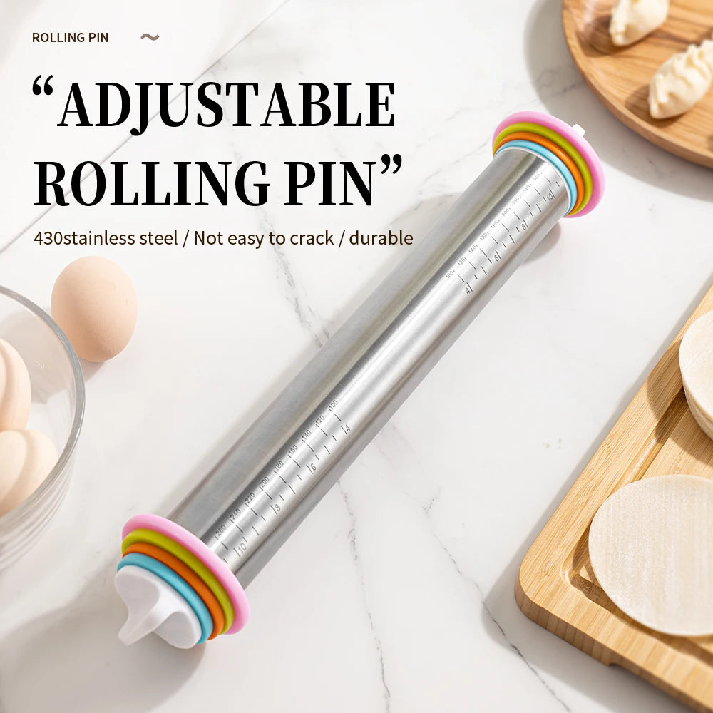 13.78" Stainless Steel Adjustable Rolling Pin with Removable Thickness Rings – Precision Dough Roller for Pizza, Cookies & Baking