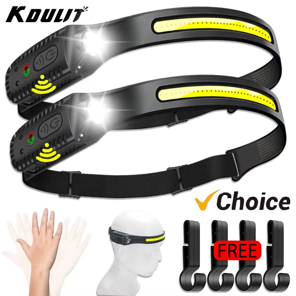 USB Rechargeable LED Headlamp – Motion Sensor XPE + COB Head Torch for Camping, Fishing, Hiking & Outdoor Work