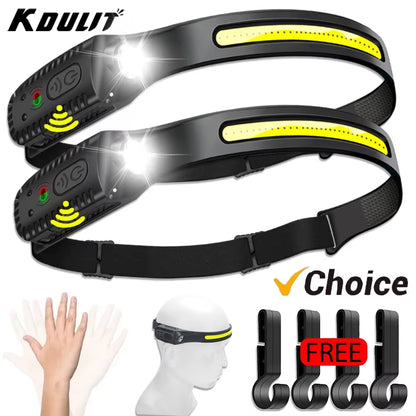 USB Rechargeable LED Headlamp – Motion Sensor XPE + COB Head Torch for Camping, Fishing, Hiking & Outdoor Work