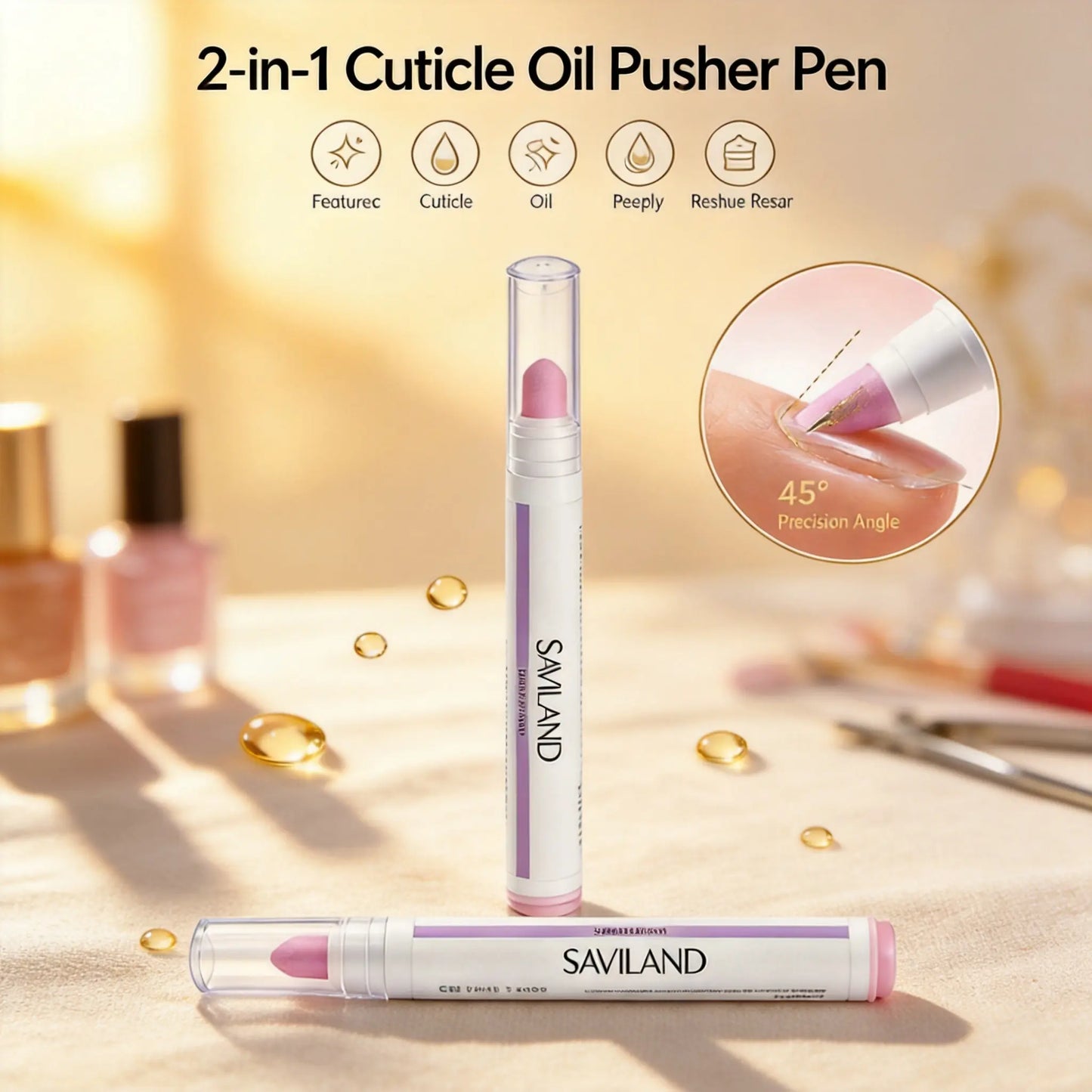 Saviland Cuticle Care Pen Set – Ceramic Cuticle Pusher & Nourishing Cuticle Oil for Healthy, Strong Nails