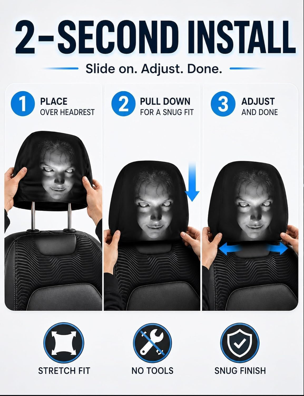 2PCS Ghost Face Headrest Covers – Universal Stretch Car Seat Headrest Protectors with Scary Face Print