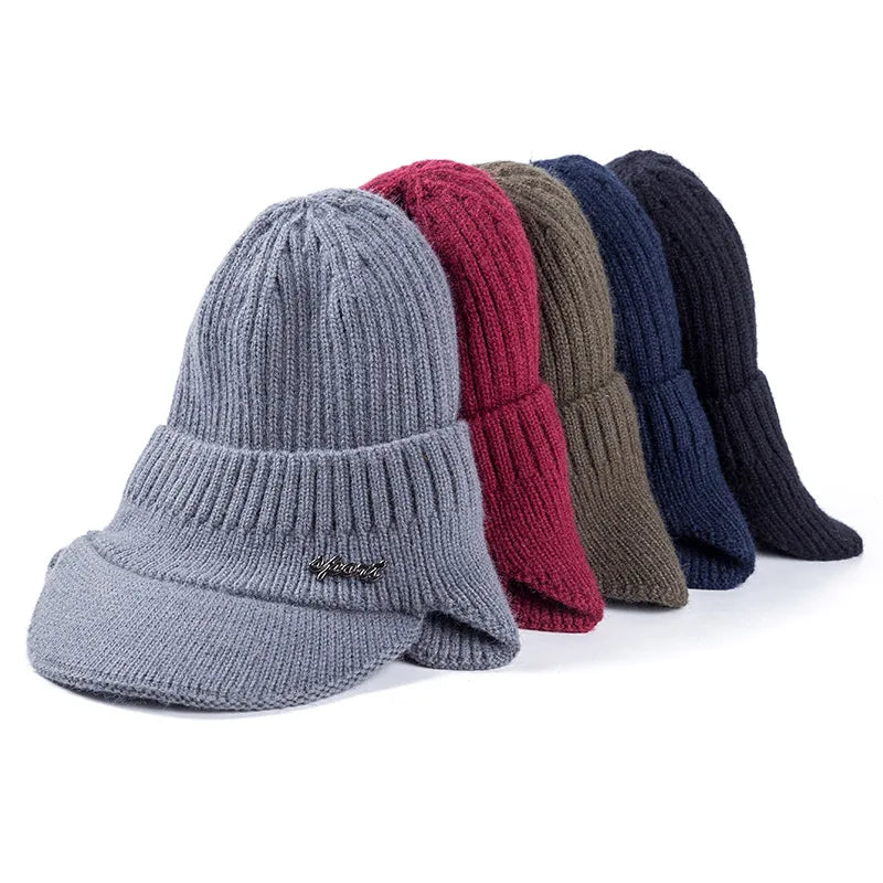 Unisex Fur-Lined Winter Beanie Hat with Brim – Warm Knit Cap with Ear Coverage for Men & Women