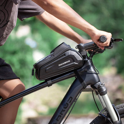 Waterproof Bike Phone Bag – EVA Hard Shell Bicycle Frame Bag with 6.8" Touchscreen, Dual Storage Pockets & Reflective Design