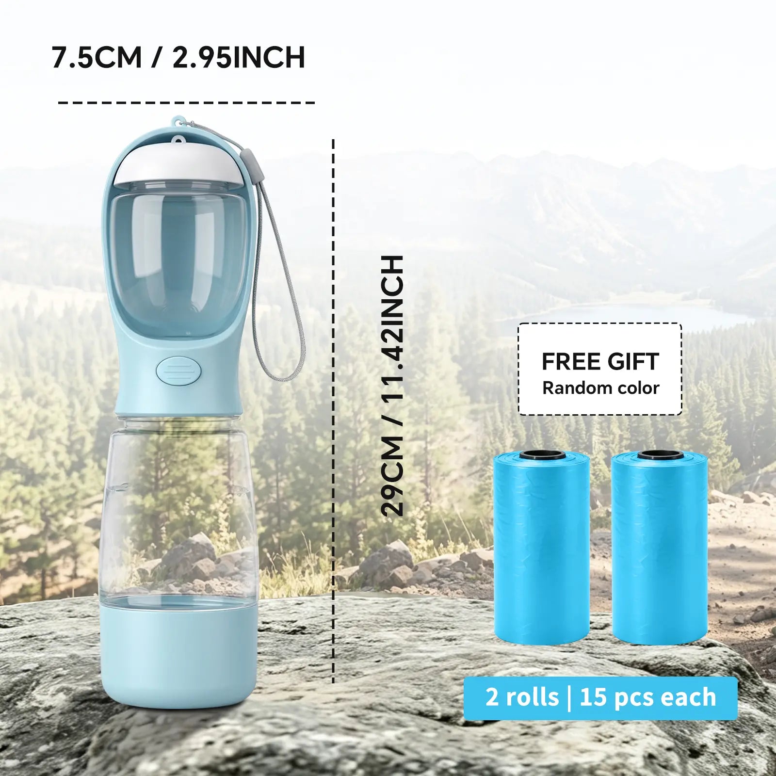 3-in-1 Portable Dog Water Bottle – Leak-Proof Travel Water & Food Container with Built-In Poop Bag Dispenser with 2 Rolls Waste Bags (30 Pcs Total)