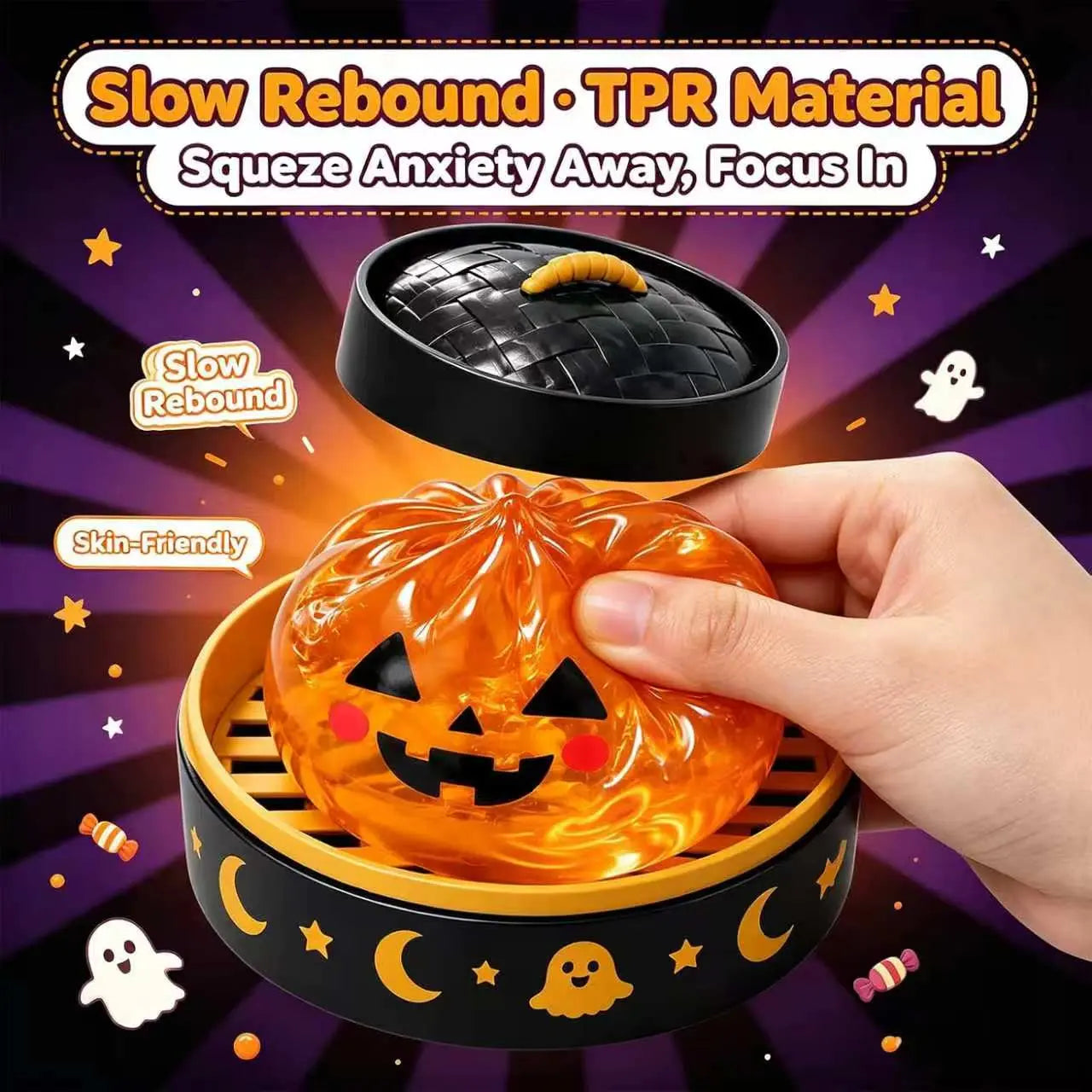 Cute Halloween Ghost Squishy Toy Set – Portable Stress Relief Squeeze Toys for Kids & Adults, Party Favors & Holiday Gifts