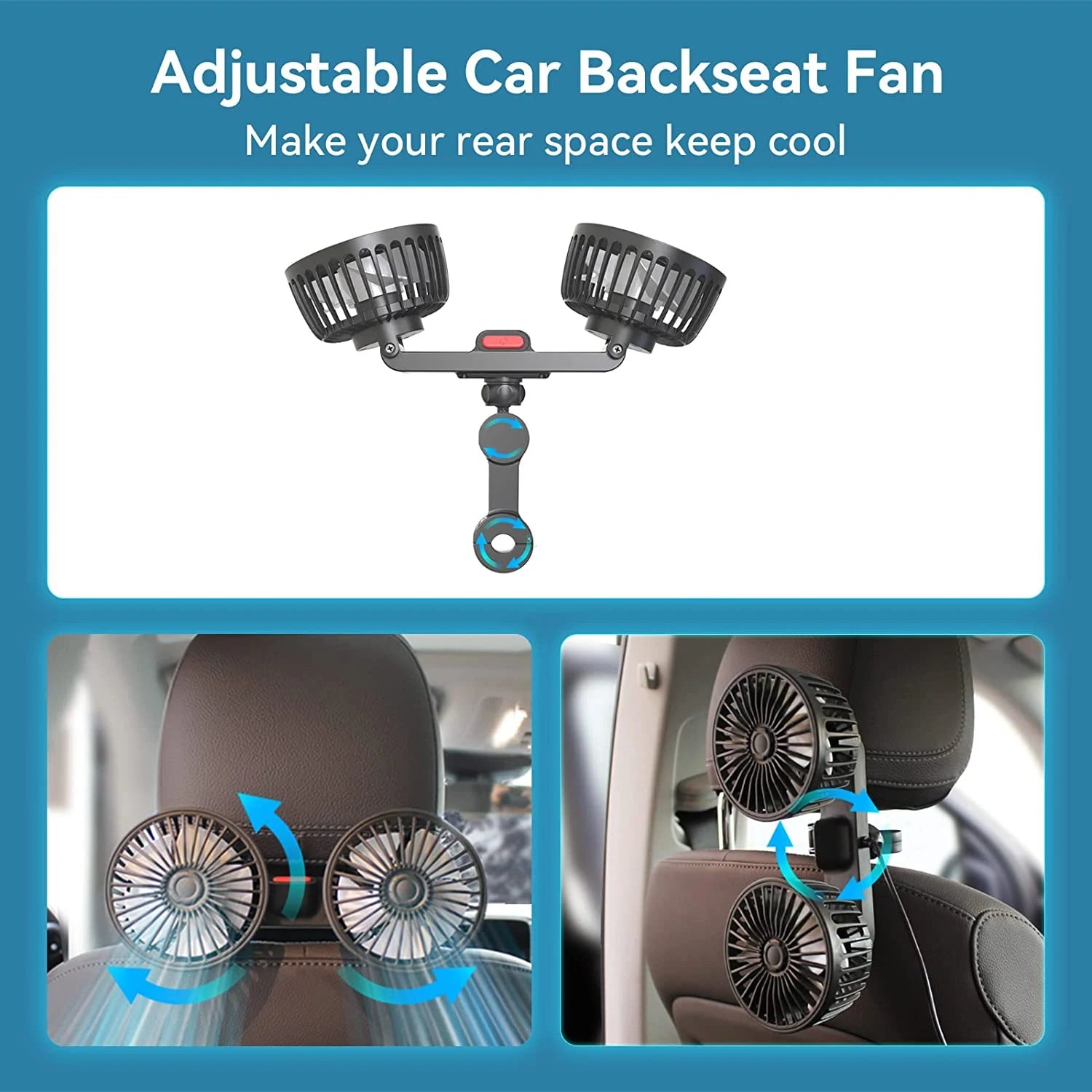 360° Dual Head Car Cooling Fan – USB Rechargeable 3-Speed Adjustable Seat Back Fan for Cars, Home & Office